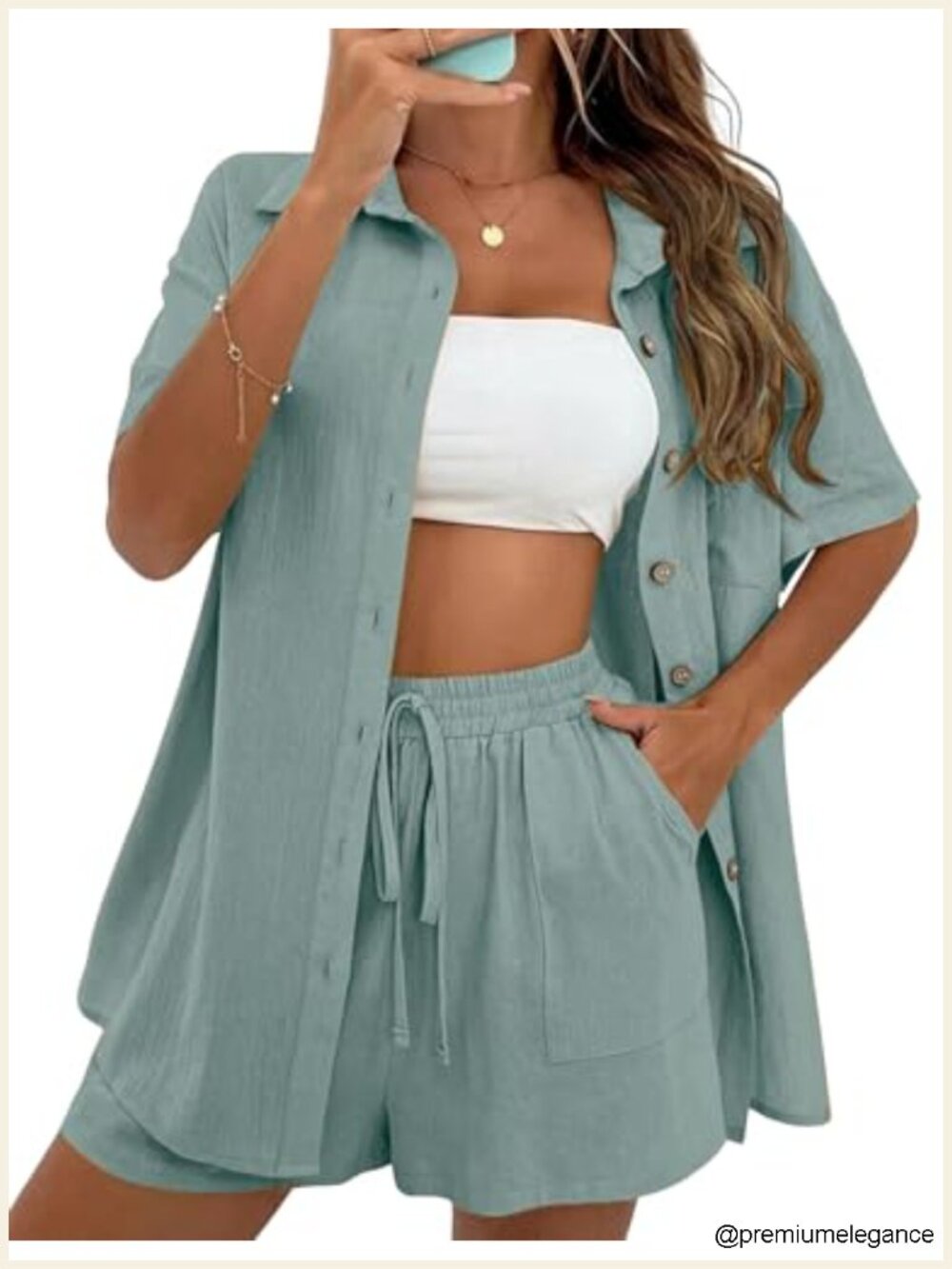 2 Piece Linen Outfit Short Sleeve Button Down Shirt and Wide Leg Drawstring
